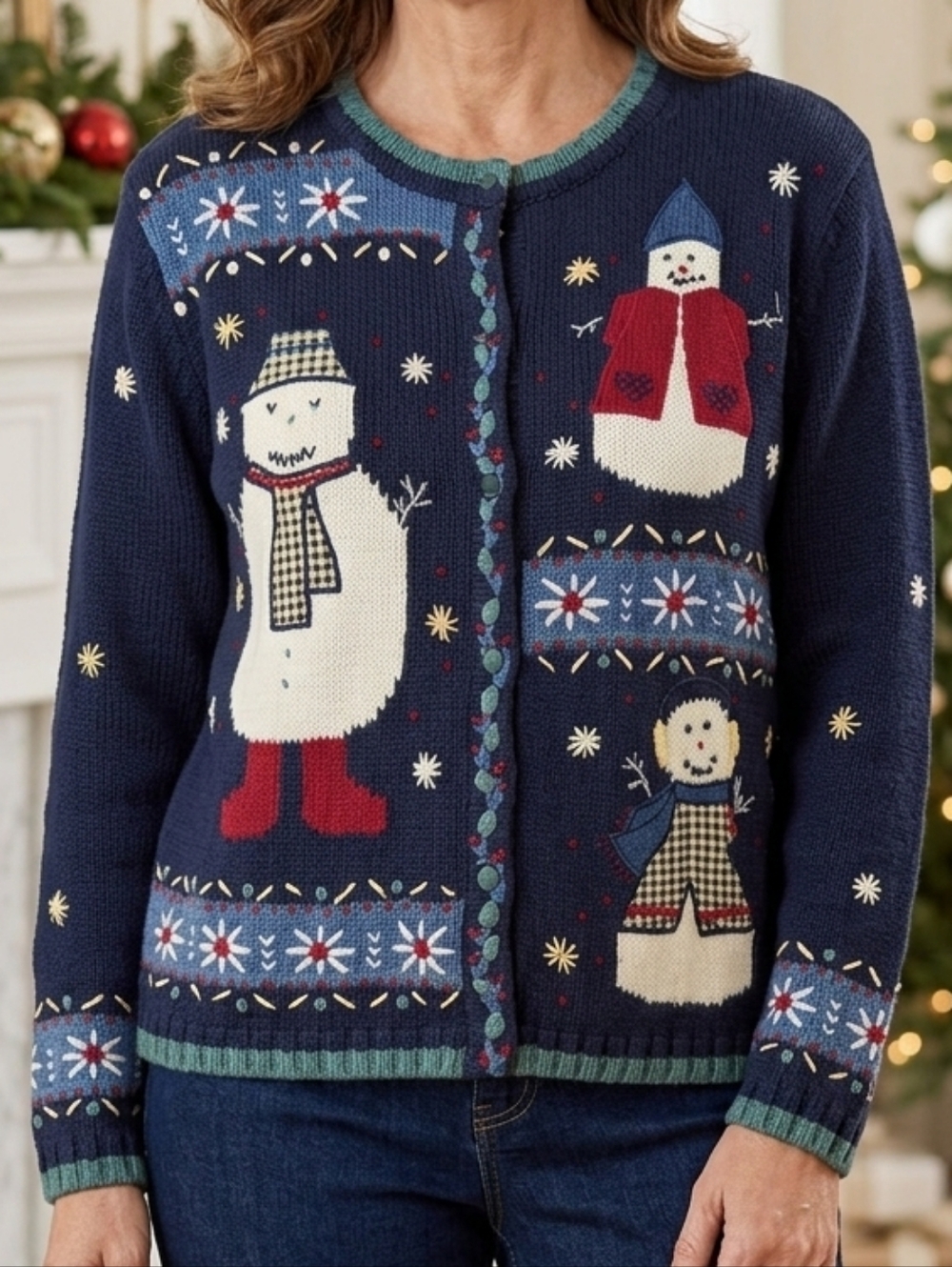 VTG 1999 Christopher & Banks Snowman Hand Embroidered Cardigan Sweater XL
